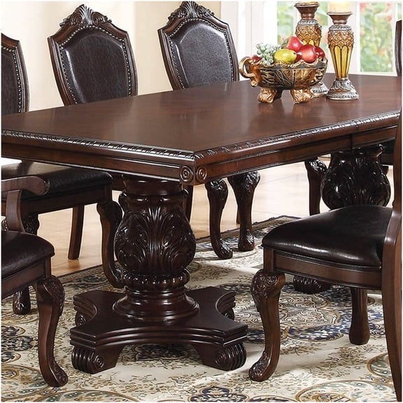 Royal Brown Double Pedestal Formal Dining Table with Leaf, Rubberwood Rectangle Table for Elegant Dining Room
