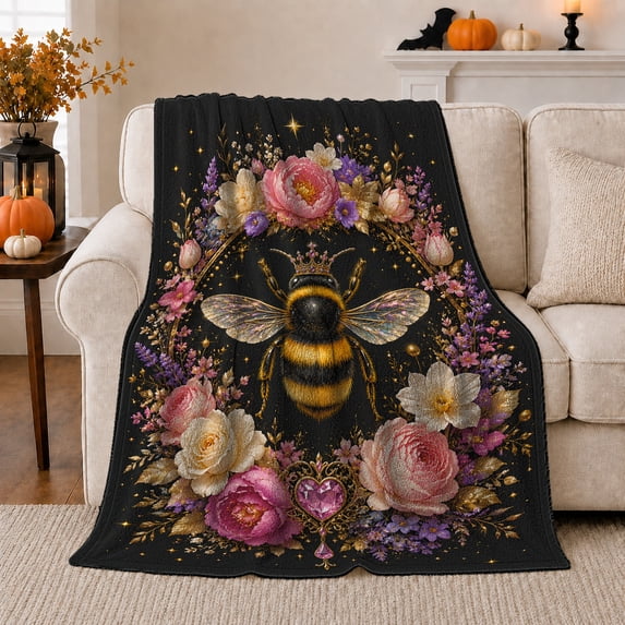 Royal Bumblebee Crown Pink Gem, Mystical Botanical Garden Scene, Warm Flannel Blanket for Sunroom and Reading Nook, Celestial Art Lovers Valentine's Day Gift, Fantasy Home Decor
