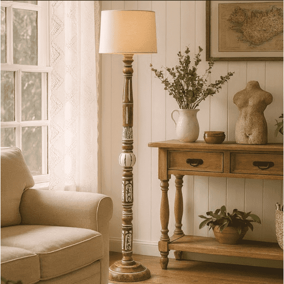 Royal Carving Antique White finish wooden floor lamp with Fabric Yellow Shade
