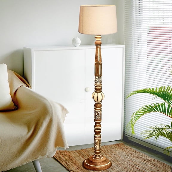 Royal Carving Antique white finish wooden floor lamp with White Shade