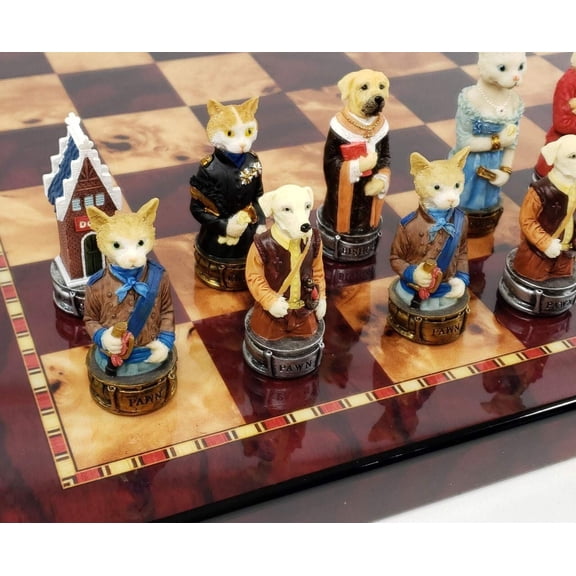 Royal Cats Vs Dogs Chess Animal Chess Set W 18" Cherry Color Board