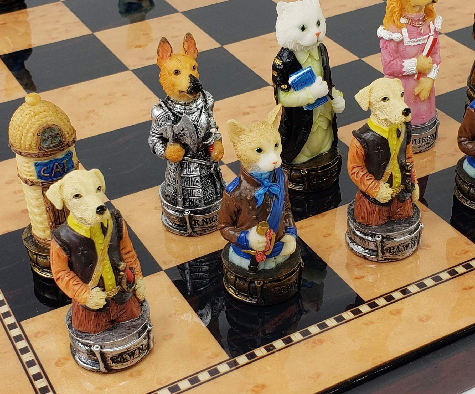 Royal Cats Vs Dogs Chess Chess Set W 18" Walnut Color Board