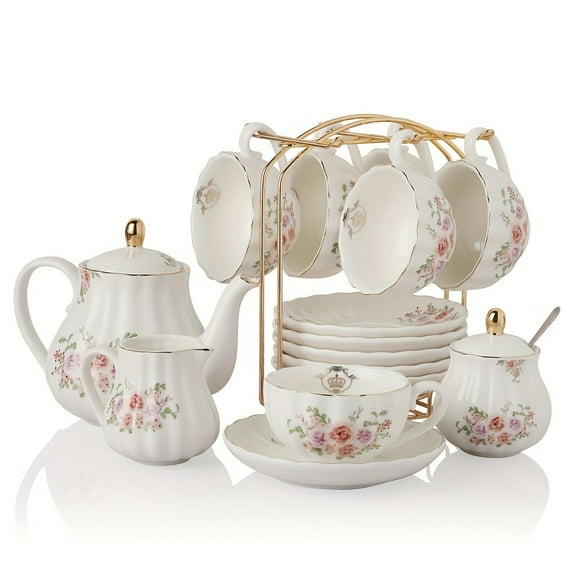 [Royal Ceramic Tea Set] MetroTek British Royal Series Ceramic Tea Set for 6 | 8oz Cups, Teapot, Sugar Bowl, Creamer, Teaspoon, and Infuser - Suitable for Afternoon Tea, Weddings, Parties