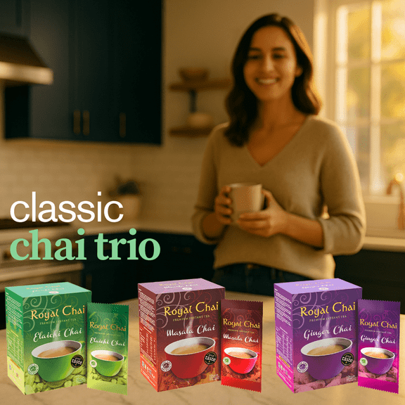 Royal Chai | Classic Chai Trio (Masala, Ginger, Cardamom) | 3 Pack (30 Sachets) | Premium Instant Tea | Made In The UK