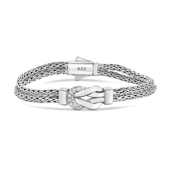 Royal Chain PGRC14145-0725 7.25 in. Sterling Silver Polished Silver Plated Double Strand Woven Bracelet with 0.24 CT Round White Sapphire