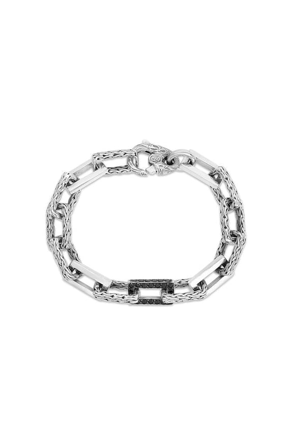 Royal Chain PGRC14268-0750 7.5 in. Sterling Silver Polished Silver Plated Alternate Rectangular Link Italian Cable Bracelet with Black Sapphire