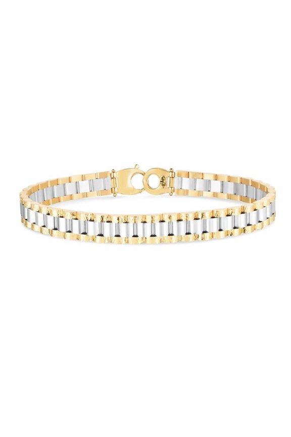 Royal Chain TRC14393-0825 8.25 in. 14K Two Tone Gold Textured Rail Road Link Bracelet with Fancy Pear Shaped Lobster Clasp