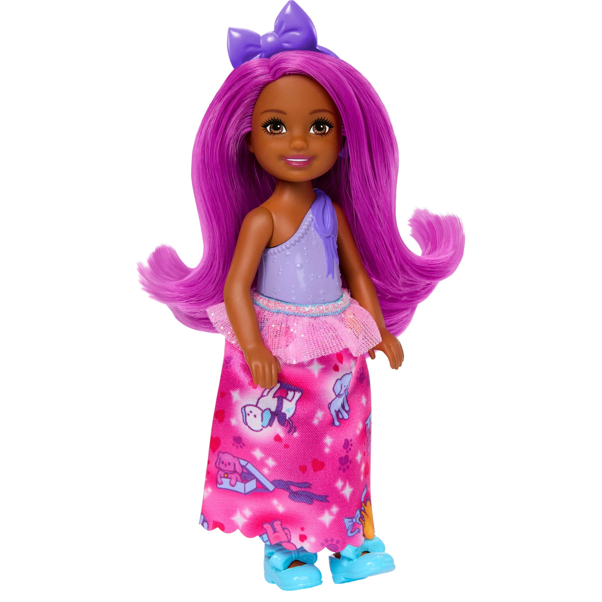 Royal Chelsea Barbie Doll with Pink Hair, Purple Bow Headband, Colorful Printed Skirt
