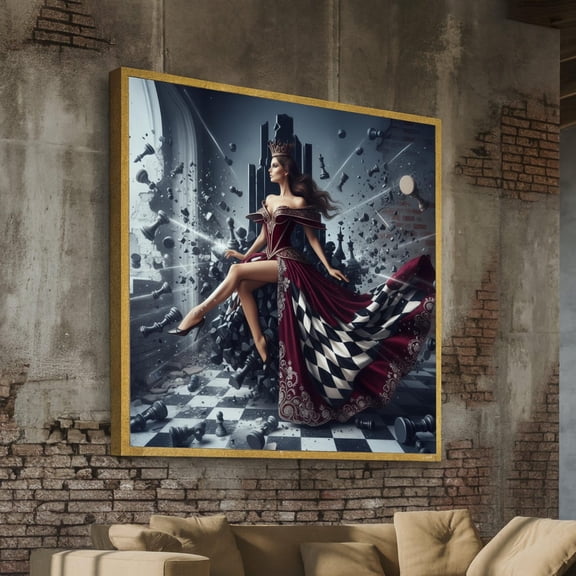 Royal Chess Queen, Fantasy Chessboard Canvas, Elegant Woman In Crown Wall Art, Dramatic Surreal Home Decor, Regal Throne Canvas, Unframed Poster Size 8x12