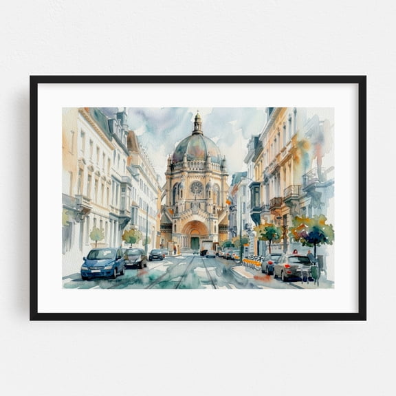 Royal Church of Saint Mary Brussels - Watercolor Architectural Painting - Brussels Belgium Painting Watercolor Architecture Cityscape Cathedral Scenic Black Framed Wall Art Print 5 x 7 inches