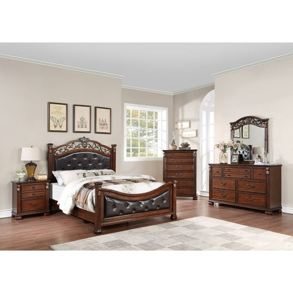Royal Classic Traditional Est King Bed Dresser Mirror Nightstand Wooden Brown Finish 4pc Set Bedroom Furniture Tufted Headboard