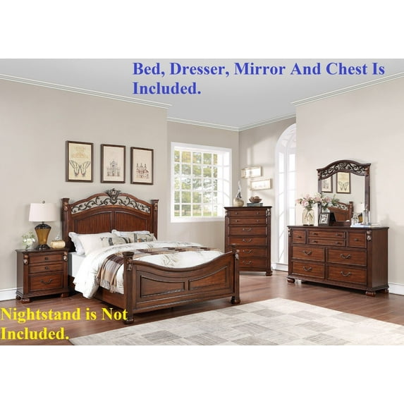 Royal Classic Traditional Queen Bed Dresser Mirror Chest Wooden Brown Finish 4pc Set Bedroom Furniture Gorgeous Headboard