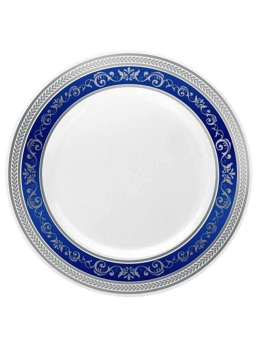 Royal Collection 10 1/4" White w/ Blue and Silver Royal Border Banquet Plastic Plates *Case of 120*