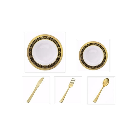 Royal Collection White w/ Black and Gold Royal Border 10.25" Dinner Plates + 7.25" Salad Plates + Cutlery *Party of 100*