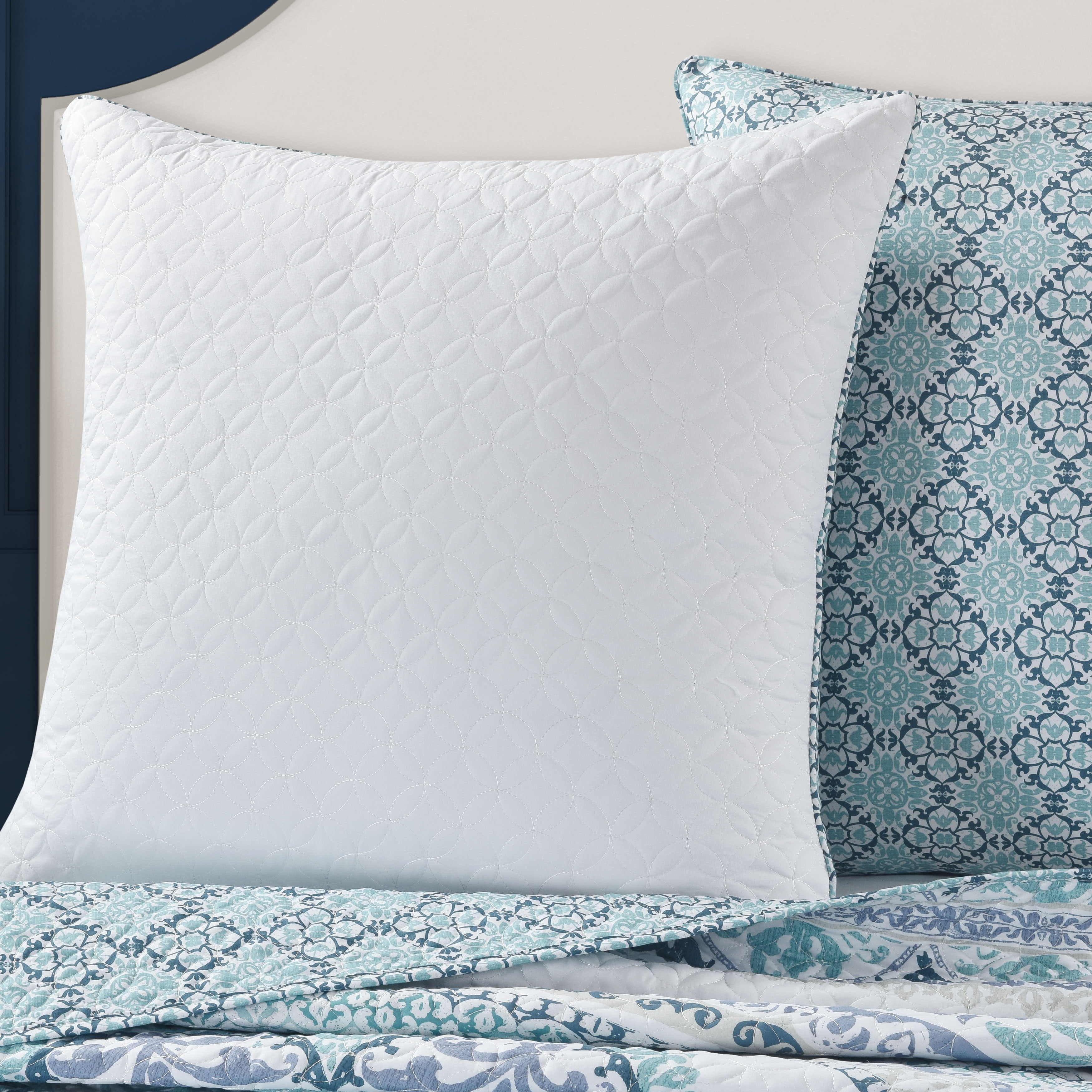 White and Blue Polyester Euro Sham with Mosaic Quilt