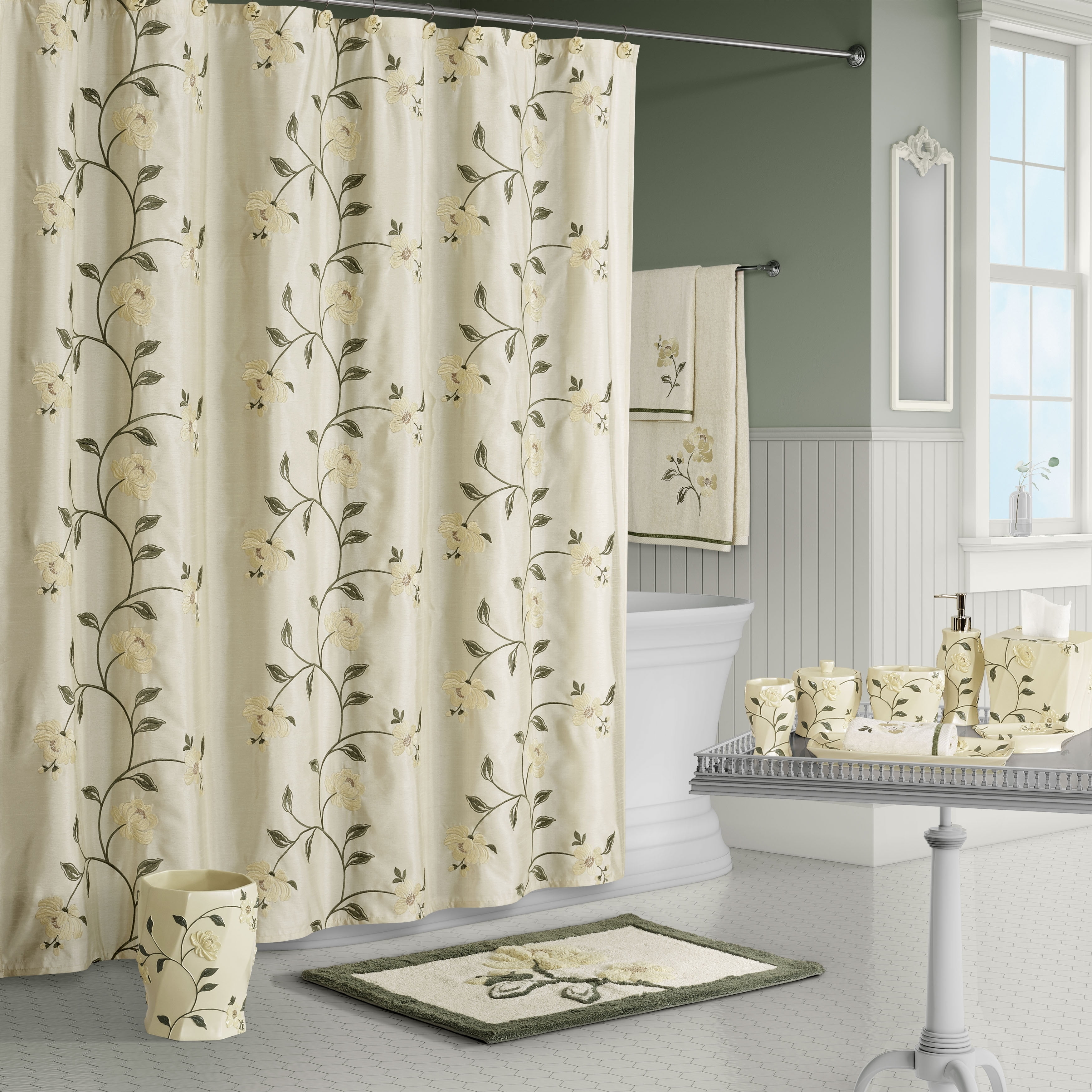 Penny Cream Faux-Silk Floral Embroidered Shower Curtain