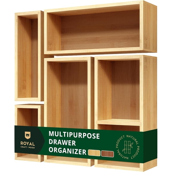 Royal Craft Wood 5-Piece Bamboo Drawer Organizer Box Set – Storage Trays for Kitchen, Bathroom, Office, Desk – Utensil Holder and Silverware Drawer Organizer (Natural)