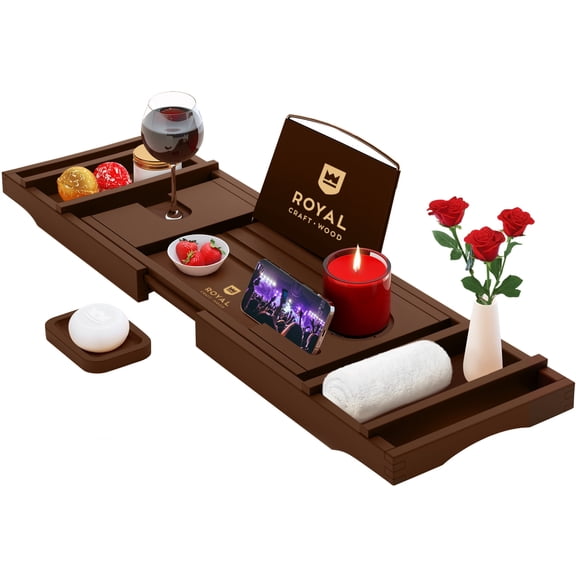 Royal Craft Wood Expandable Bamboo Bathtub Tray Caddy – Bathroom Caddy Organizer for Bath Tub with Tablet, Wine Glass & Soap Holder – Relaxing Spa Bath Shelf for Home Us (Brown)