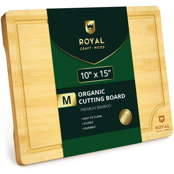 Royal Craft Wood Bamboo Cutting Board – Kitchen Chopping Board with Juice Groove, Knife-Friendly Surface & Side Handles – Wooden Cutting Board for Meat, Cheese & Charcuterie (M, 15" x 10")