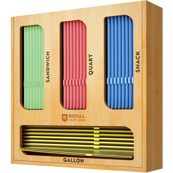 Royal Craft Wood Bamboo Ziplock Bag Storage Organizer 4-in-1 Kitchen Drawer & Wall Mount Container for Sandwich, Snack, Quart & Gallon Bags with Slider Top