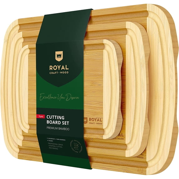 Royal Craft Wood Bamboo Cutting Board Set of 3 – Wooden Cutting Boards for Kitchen, Large Cutting Board Set of Wood Cutting Boards for Kitchen, Food Prep for Meat, Cheese & and Vegetables