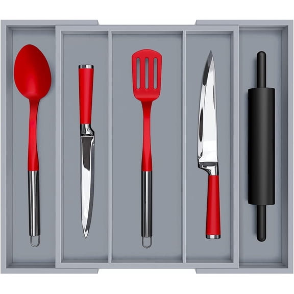 Royal Craft Wood Expandable Bamboo Kitchen Drawer Organizer – Silverware Drawer Organizer and Utensil Holder Tray with Grooved Dividers for Flatware, Cutlery & Kitchen Storage (5 Slot, Gray)