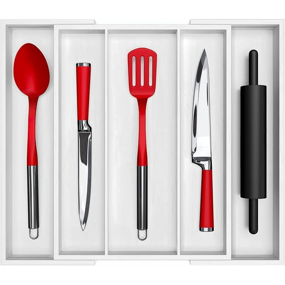 Royal Craft Wood Expandable Bamboo Kitchen Drawer Organizer – Silverware Drawer Organizer and Utensil Holder Tray with Grooved Dividers for Flatware, Cutlery & Kitchen Storage (5 Slot, White)