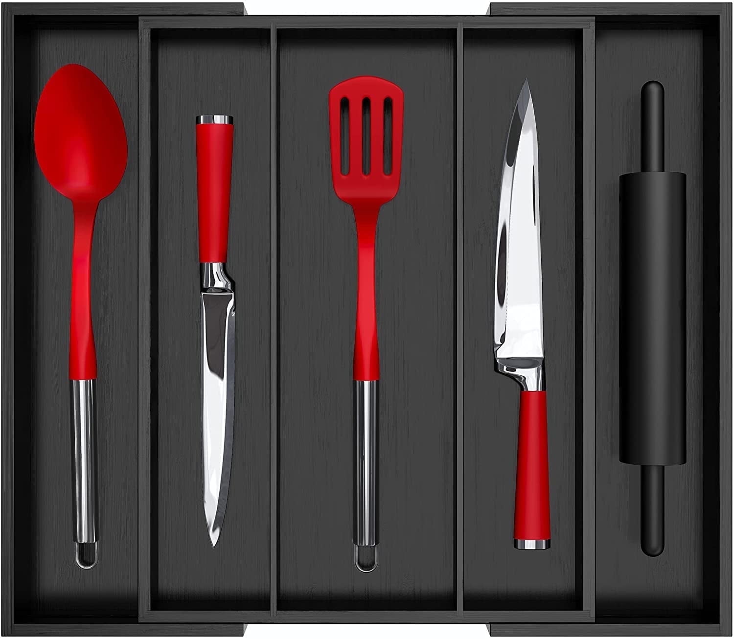 Royal Craft Wood Expandable Bamboo Kitchen Drawer Organizer – Silverware Drawer Organizer and Utensil Holder Tray with Grooved Dividers for Flatware, Cutlery & Kitchen Storage (5 Slot, Black)