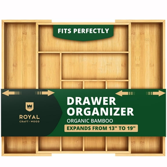 Royal Craft Wood Bamboo Kitchen Drawer Organizer – Expandable Silverware Holder, Utensil & Cutlery Tray with Knife Storage – Office & Desk Drawer Organization (6–8 Slot, Natural)