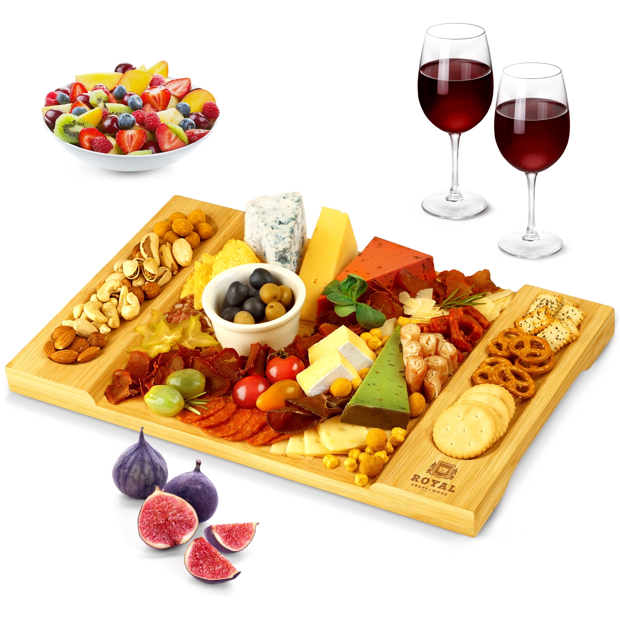Royal Craft Wood Large Bamboo Cheese Board Gift Set, Charcuterie Board - Cheese Cutting Board for Fruits, Meat with Cracker Serving Tray