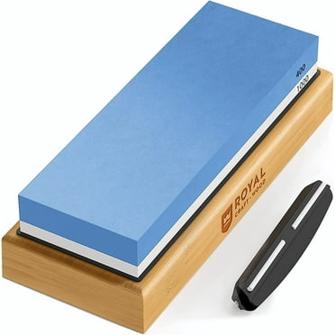 Royal Craft Wood Premium Whetstone Sharpening Kit, 2 Side Grit 1000/6000 Waterstone - Professional Grade Whetstone Set with Knife Sharpening Angle Guide and Non-Slip Bamboo Base (White/Blue)