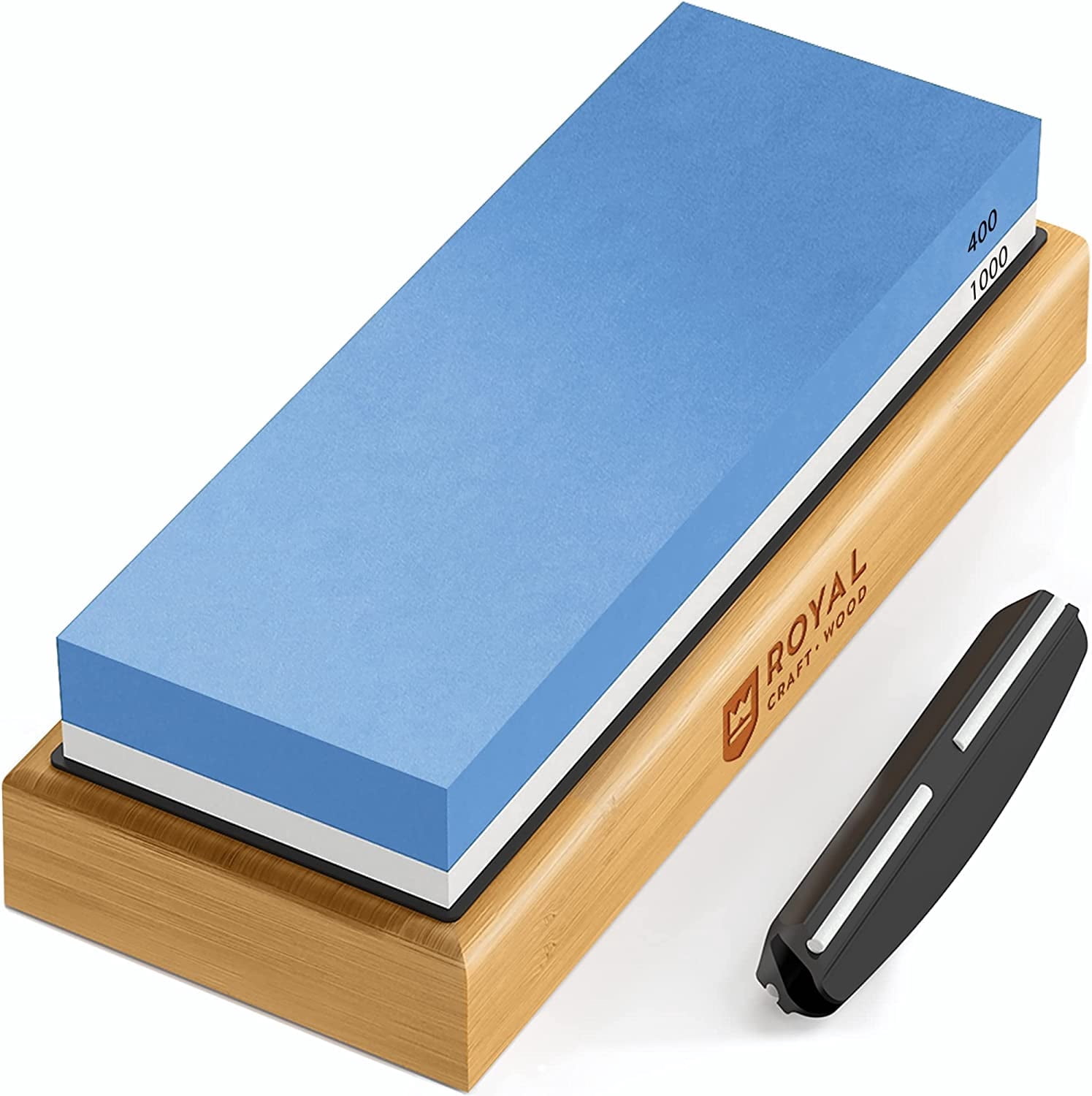 Royal Craft Wood Premium Whetstone Sharpening Kit, 2 Side Grit 1000/6000 Waterstone - Professional Grade Whetstone Set with Knife Sharpening Angle Guide and Non-Slip Bamboo Base (White/Blue)