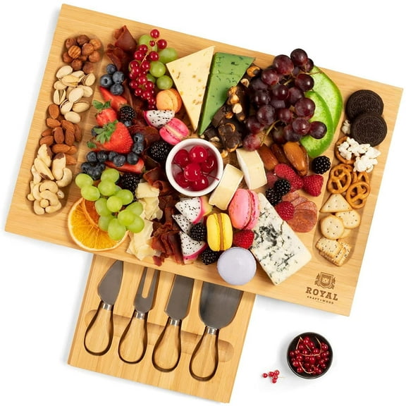 Royal Craft Wood Water-Resistant Cheese Board Set with Hidden Drawer, Bamboo, Wood Beige, 4.96 lb