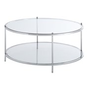 Royal Crest Round Glass Coffee Table, Clear Glass Chrome Frame - 2 Tier