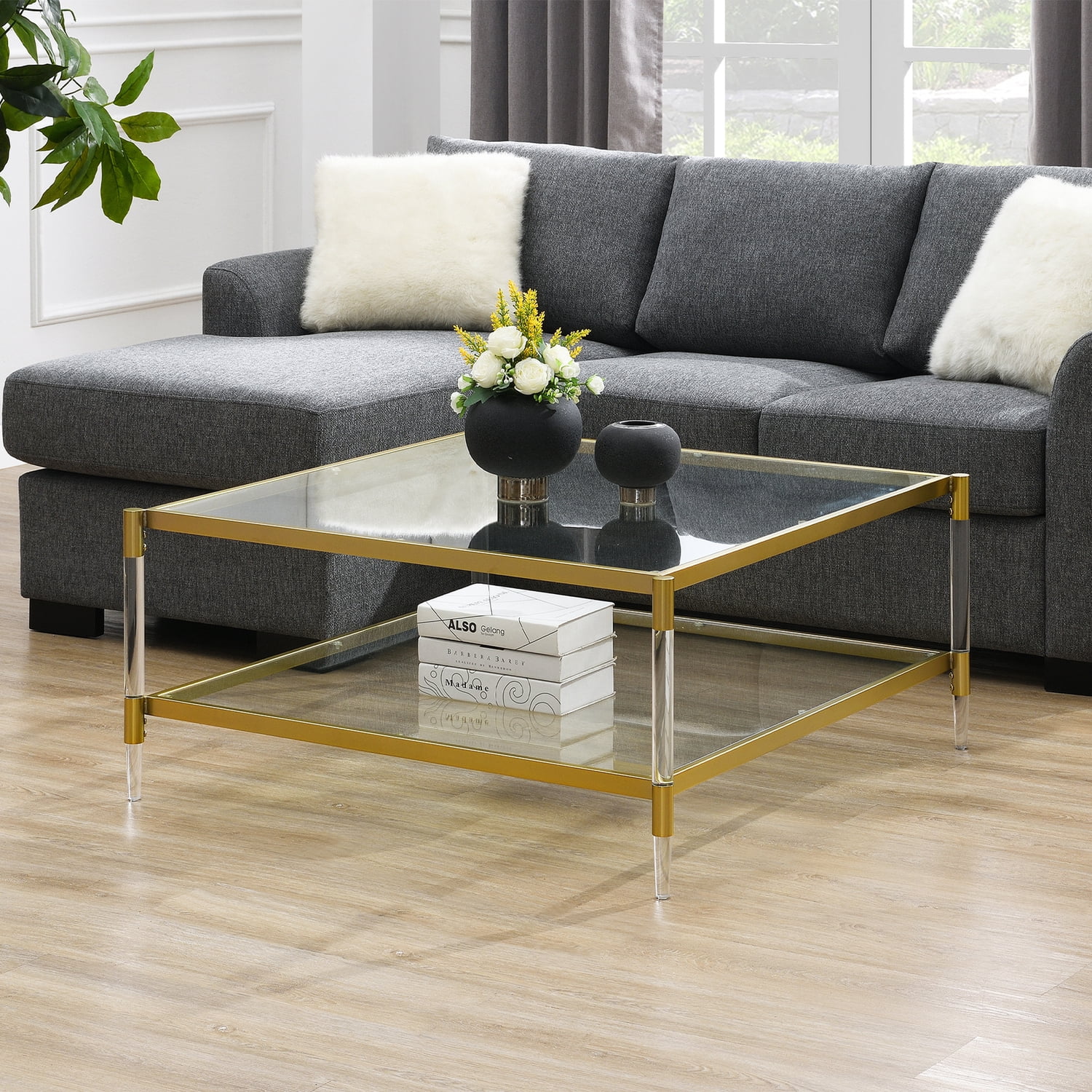Royal Crest Two-Tier Acrylic Clear Glass Square Coffee Table in Gold Chrome