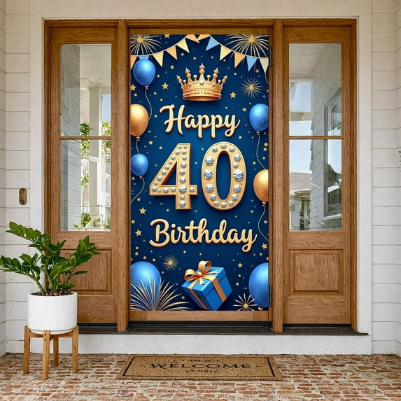 Royal Crown Design Happy 40th Birthday Banner Studded 40th Celebration Display Blue Gold Balloons Golden Fireworks Royal Birthday Backdrop for Adult Birthday Party Indoor Decoration Photo Backdrop