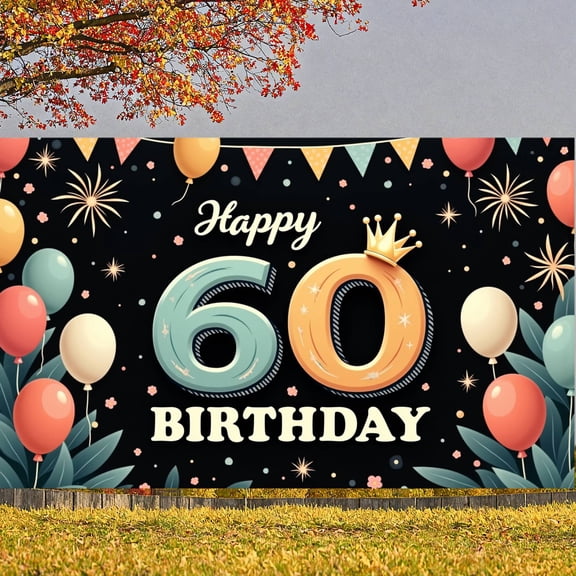 Royal Crown Happy 60 Birthday Banner Colorful Balloons 60th Birthday Backdrop Firework Accents Floral Decorations Milestone Birthday Background for Adult Birthday Party 60th Birthday Celebration