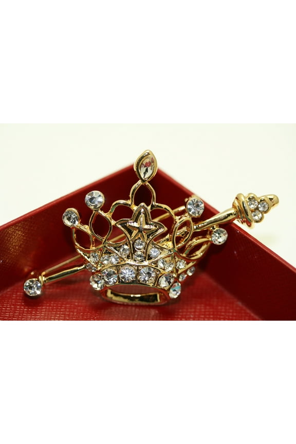 Royal Crown and Arrow Royalty Queen King Rhinestones Brooch Pin, Crown Costume Jewelry Gift, Crown Brooch