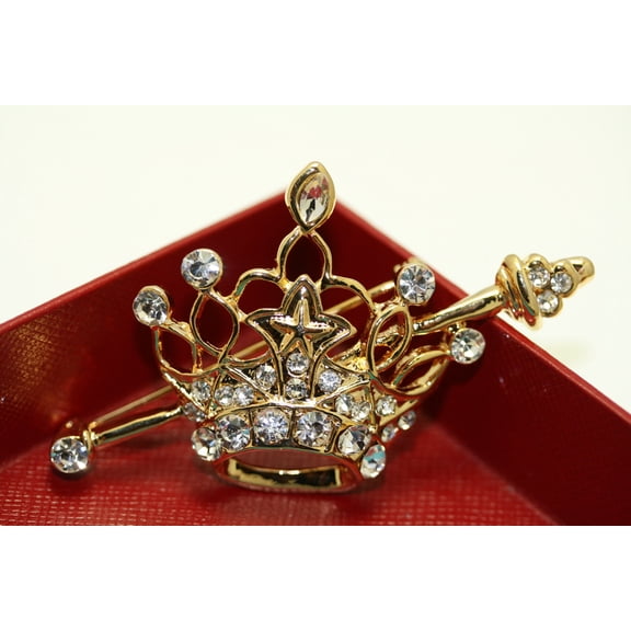 Royal Crown and Arrow Royalty Queen King Rhinestones Brooch Pin, Crown Costume Jewelry Gift, Crown Brooch