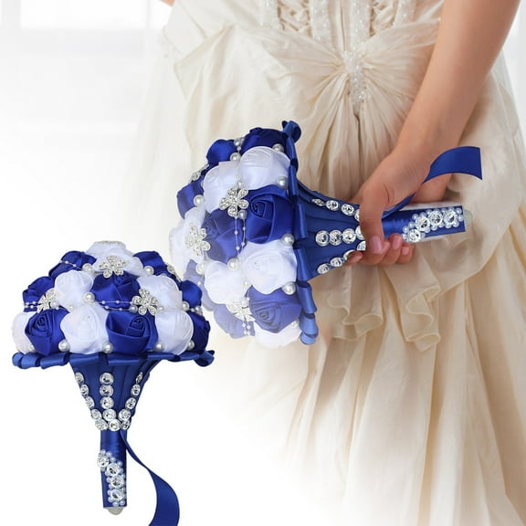 Royal Bridal Bouquet Handmade with Satin Roses & Pearls - Wedding Bouquet Holder for Bride and Bridesmaids, Rhinestone Wedding Flower Arrangements in Ivory White