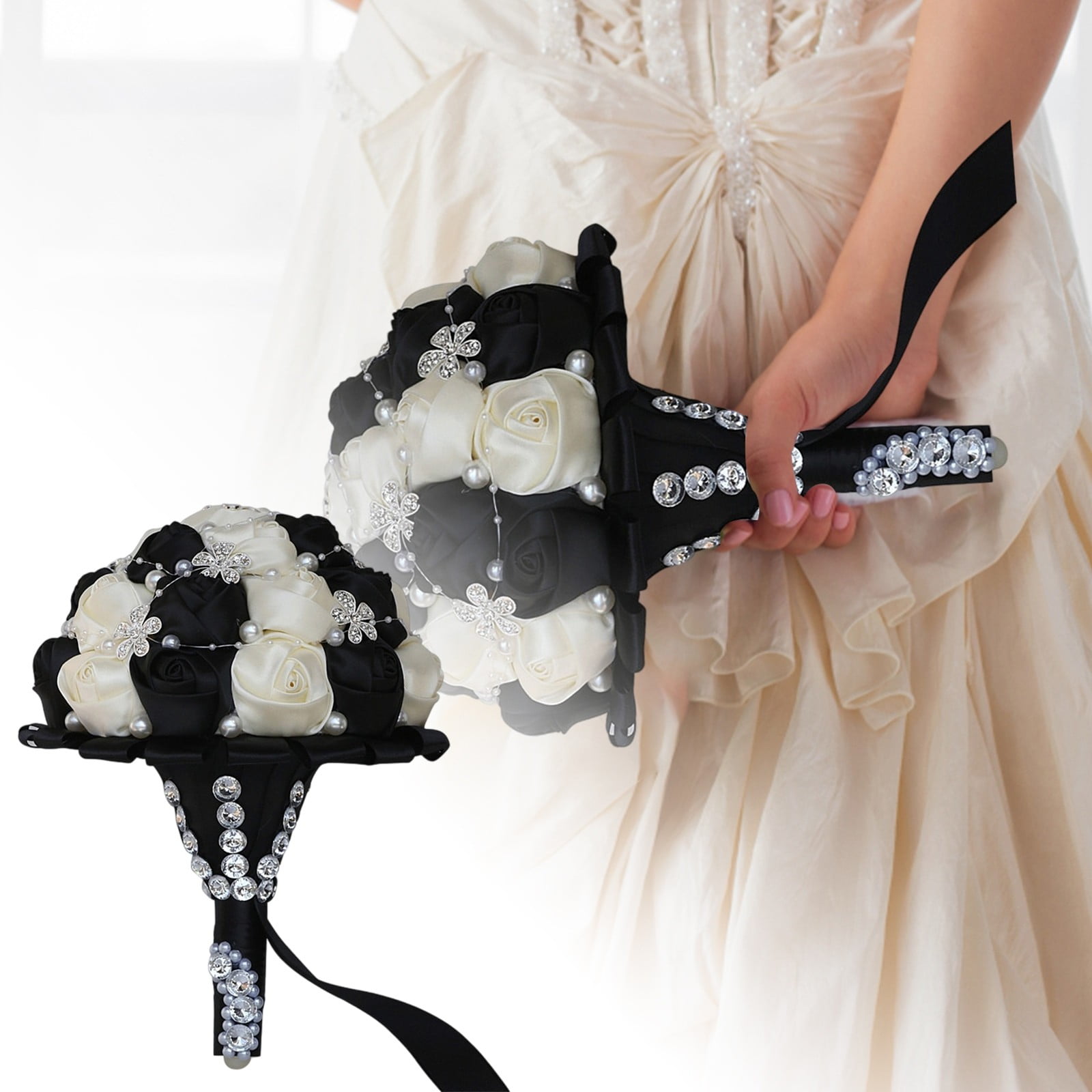 Royal Bridal Bouquet Handmade with Satin Roses & Pearls - Wedding Bouquet Holder for Bride and Bridesmaids, Rhinestone Wedding Flower Arrangements in Ivory White