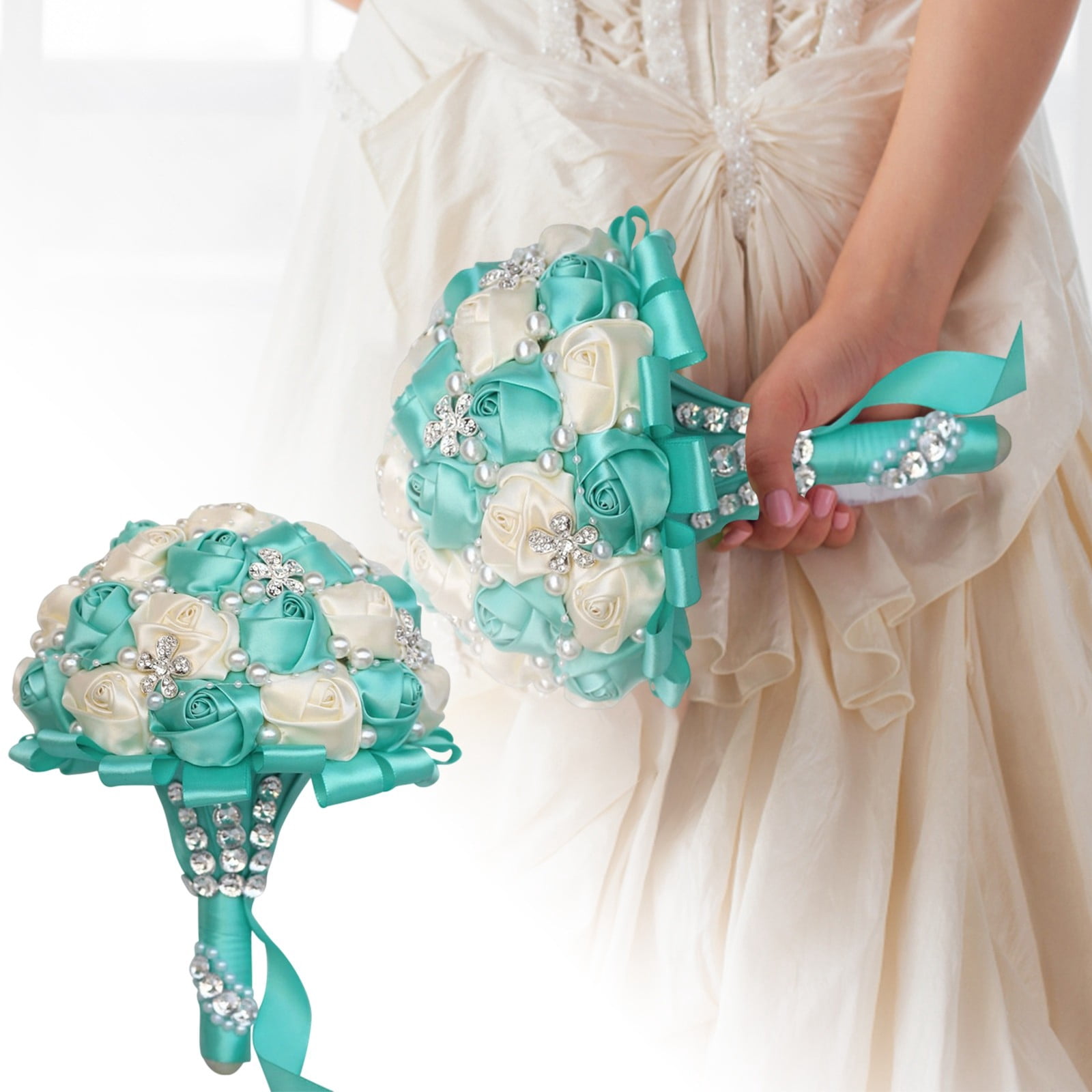 Royal Bridal Bouquet Handmade with Satin Roses & Pearls - Wedding Bouquet Holder for Bride and Bridesmaids, Rhinestone Wedding Flower Arrangements in Ivory White