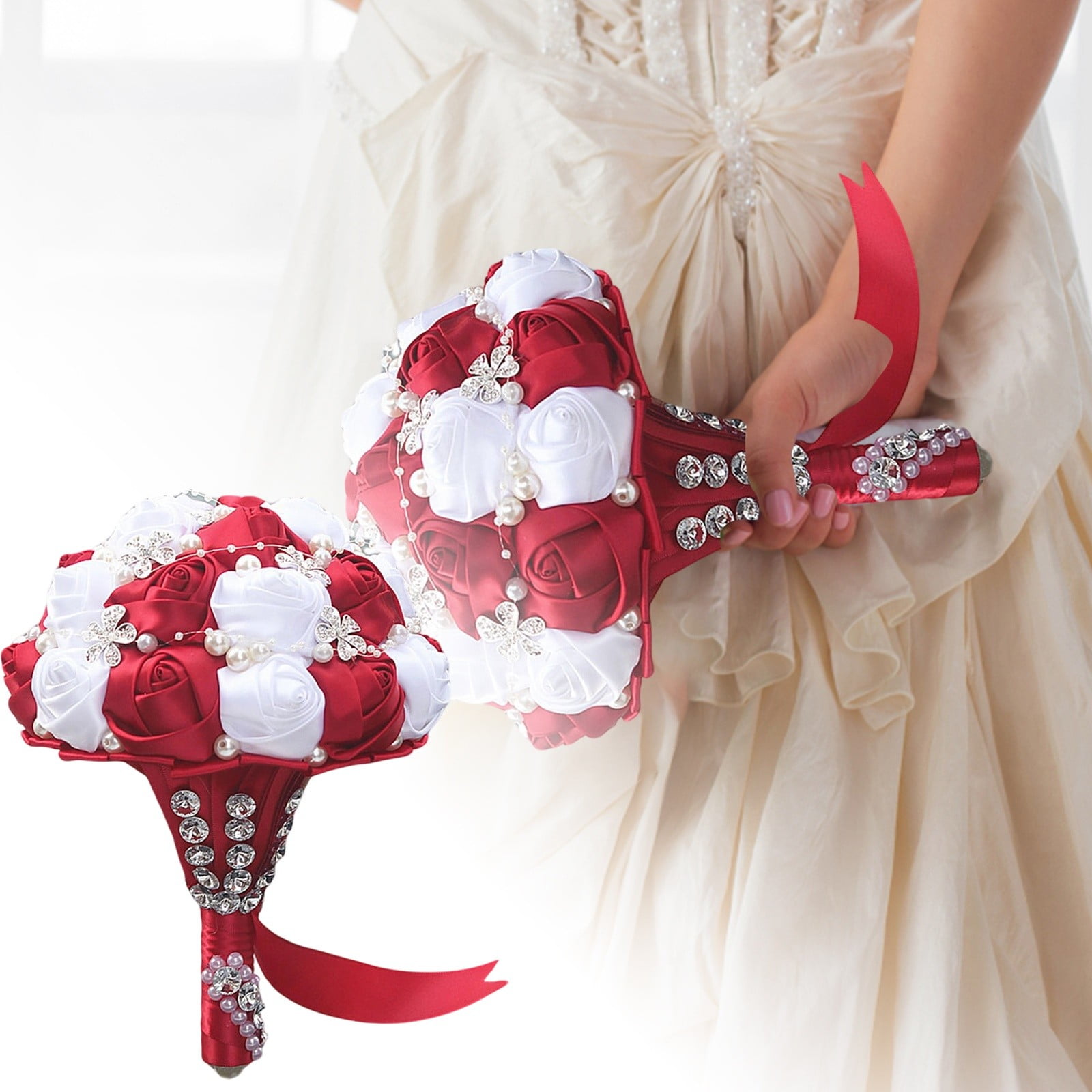 Royal Bridal Bouquet Handmade with Satin Roses & Pearls - Wedding Bouquet Holder for Bride and Bridesmaids, Rhinestone Wedding Flower Arrangements in Ivory White