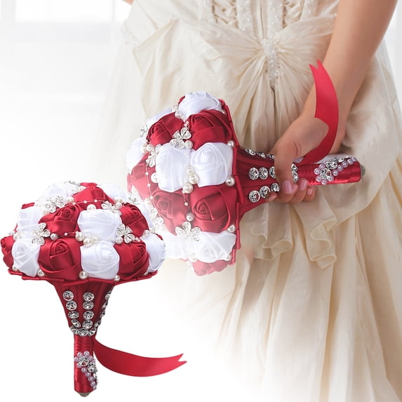 Royal Bridal Bouquet Handmade with Satin Roses & Pearls - Wedding Bouquet Holder for Bride and Bridesmaids, Rhinestone Wedding Flower Arrangements in Ivory White