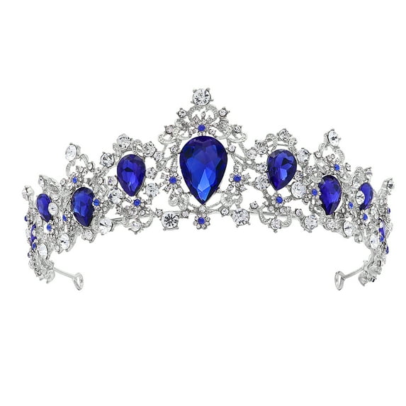 Royal Crystal Tiara Wedding Crown Headpieces Bridal Hair Accessories (Silver Base,Blue)