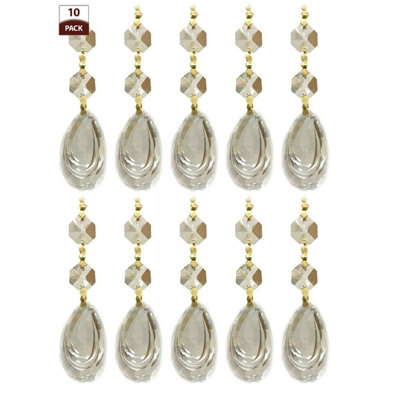 Royal Designs 10 Pack Chandelier Replacement Crystal Prisms Clear Almond Cut Two Bead Polished Brass