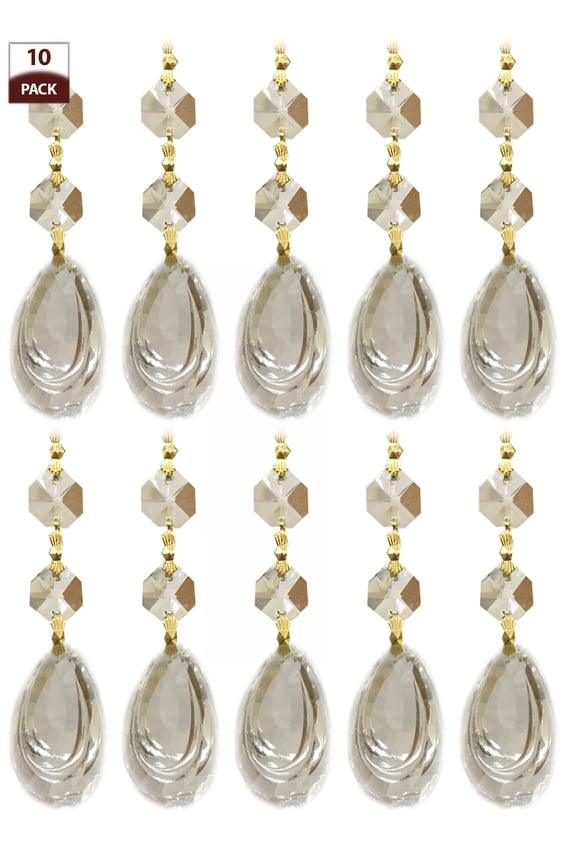 Royal Designs 10 Pack Chandelier Replacement Crystal Prisms Clear Almond Cut Two Bead Polished Brass