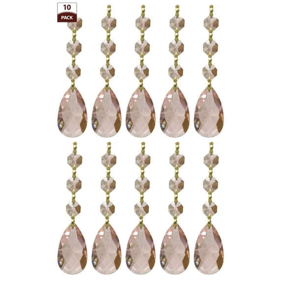 Royal Designs 10 Pack Chandelier Replacement Crystal Prisms Pink Almond Three Bead Polished Brass