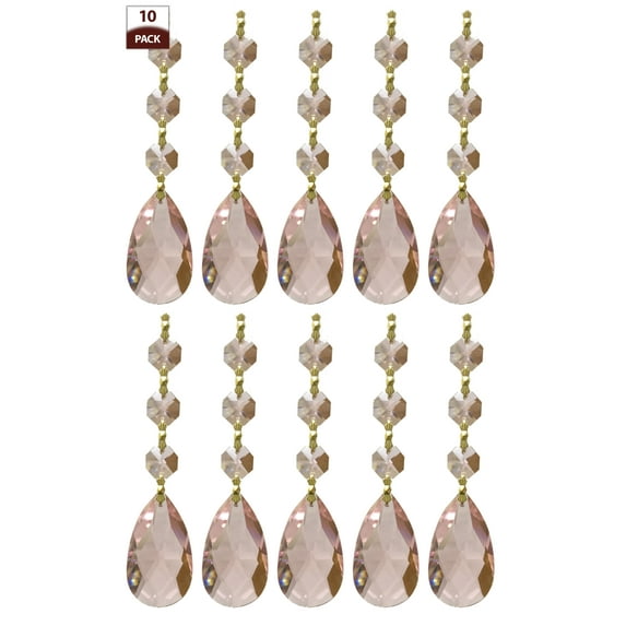 Royal Designs 10 Pack Chandelier Replacement Crystal Prisms Pink Almond Three Bead Polished Brass