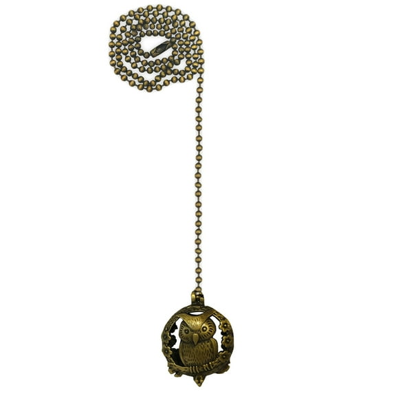 Royal Designs 24 Inch Adjustable Ceiling Fan Pull Chain Extension with Botanical Owl Ornament, Antique Brass